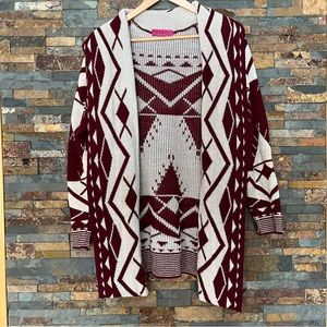 Boohoo Women’s Cardigan Sweater, Size M, Tribal Boho Red and Creme